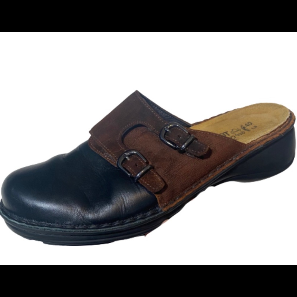 NAOT Brown Suede Black Leather Leilani Clogs like new.